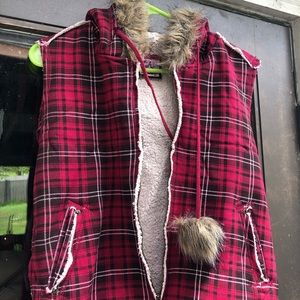 La Kitty Plaid Wool Blend Faux Fur Hoodie Jacket